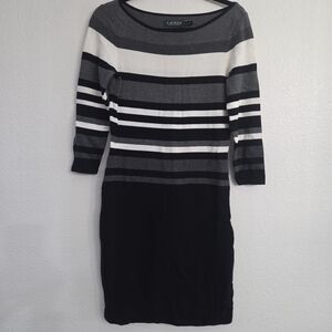 Ralph Lauren Black White Gray Striped  Sweater Stretch Pencil Dress 3/4 Sleeve S